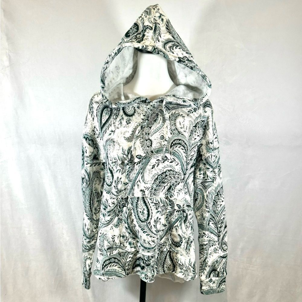 JM Active ivory and green paisley print soft brushed hoodie size medium NWT